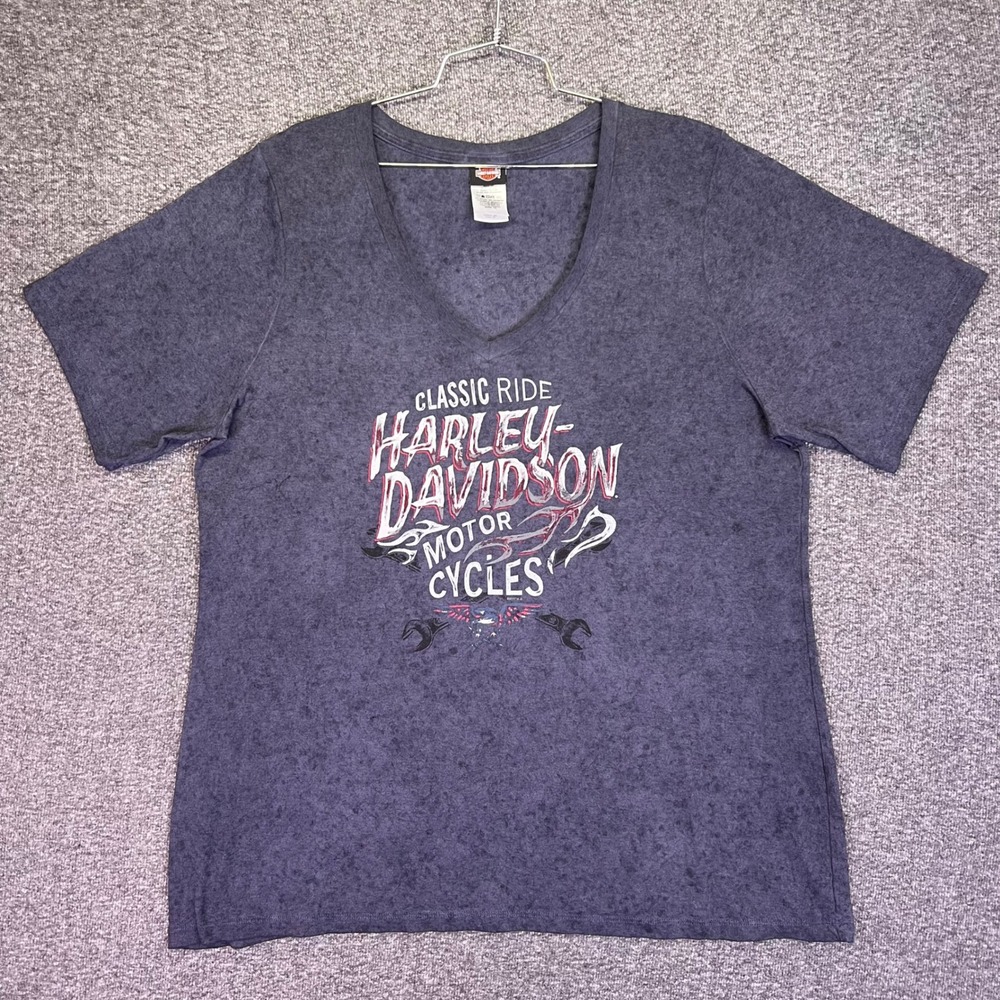 Harley-Davidson T-Shirt Womens XL Blue Acid Wash V-Neck Biker Rossiter's Florida